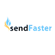 sendFaster Logo - Sans-serif blue and black type with yellow and blue flame on left
